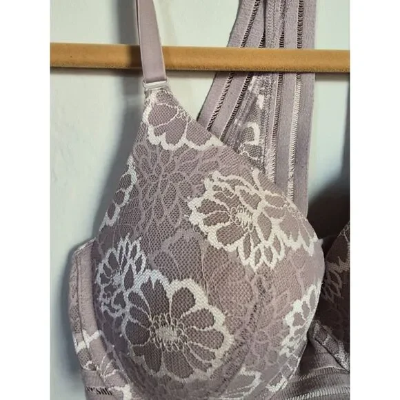 Victoria’s Secret PINK Lined Demi Bra 32DD Grey Pink Lace Racerback - Picture 2 of 6